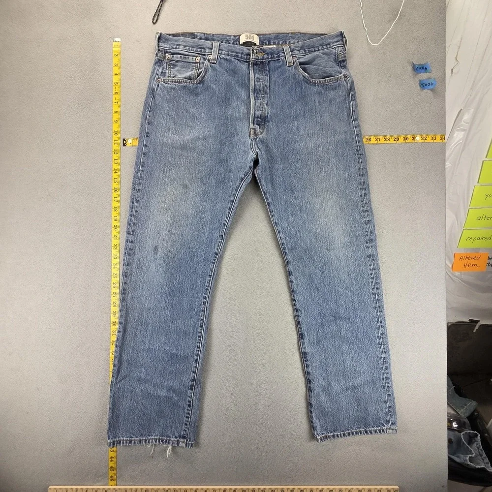 Levis‎ 501 Jeans Mens Blue Straight Button Fly Distressed Denim Fits 38x30
